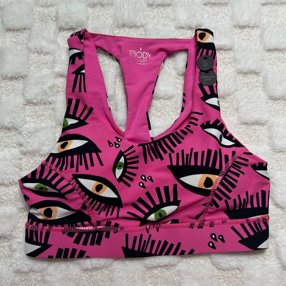 Cotton On Body Sports Bra Small Pink Eye Print Racerback Removable Cups New